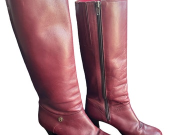 Vintage Etienne Aigner Tall Oxblood Burgundy Leather Boots, Column Heel, Sz 8