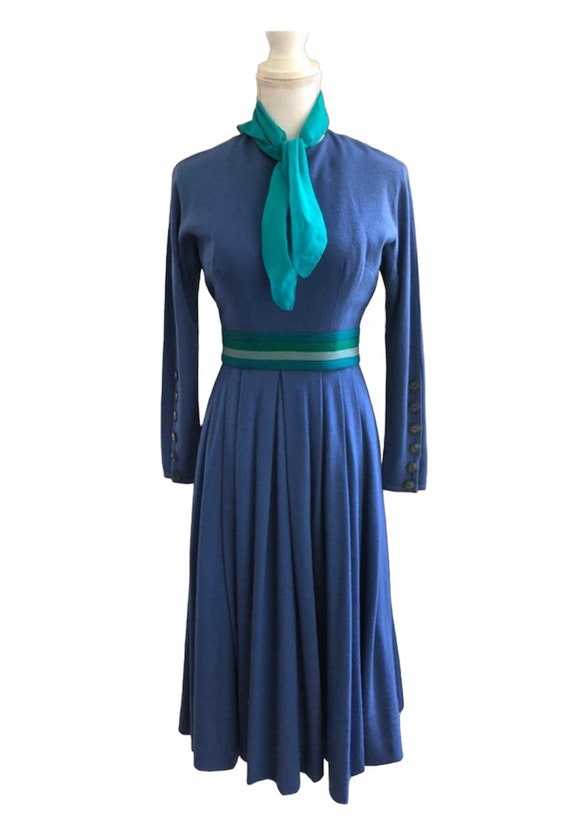 Vtg 1960s Designer Wool Blend Blue & Green Career 