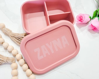 Custom Engraved Silicone Lunchbox personalised with name, Personalized Name engraving, bento box food container for Back to school. Reusable