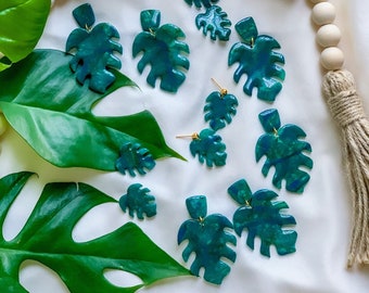 Green/Teal and Blue Monstera Leaf Dangle/Stud Clay Earrings