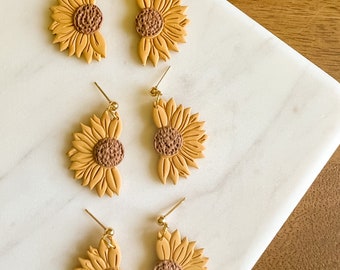 Fall Split Sunflower Dangle Clay Earring