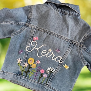 Personalized Hand-Embroidered Denim Jacket – Custom name and flowers for Kids, Toddlers, & Babies