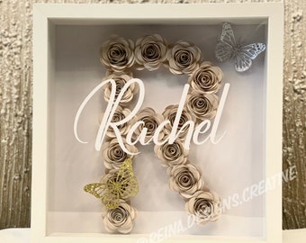 Initial Flower Box | Customized Paper Shadow Box | Solid or Ombre | Mother's Day, Anniversary, Birthday, Baby, Christmas, Valentine’s