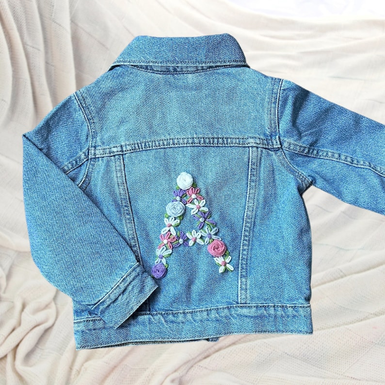 Hand-Embroidered Toddler & Kid's Jean Jacket Custom Denim Outerwear for Kids Personalized Baby Gift Trendy Toddler Fashion Birthday image 6