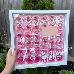 May include: A white frame with a pink and white floral design. The frame includes the name "Parker", the date "October 5th 2021", the location "OKC, OK", the weight "7 pounds", and the length "20 inches".