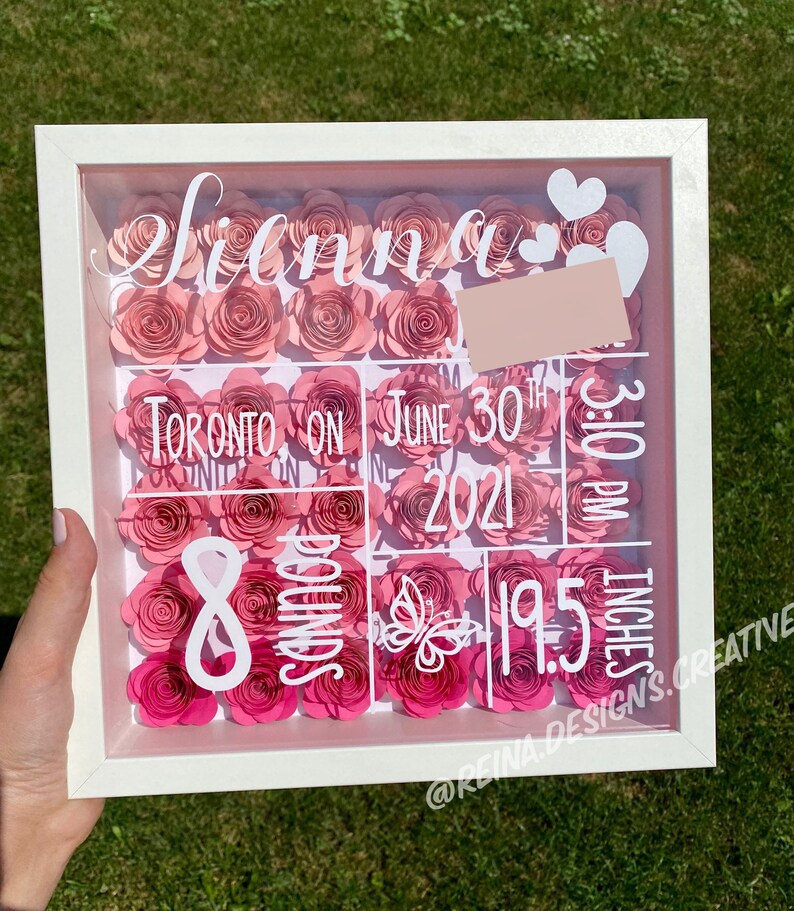 May include: A white shadow box with pink paper flowers and white text. The text reads "Sienna", "Toronto, ON", "June 30th, 2021", "3:10 PM", "8 pounds", and "19.5 inches".
