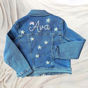 Hand-Embroidered Toddler & Kid's Jean Jacket Custom Denim Outerwear for Kids Personalized Baby Gift Trendy Toddler Fashion Birthday image 8