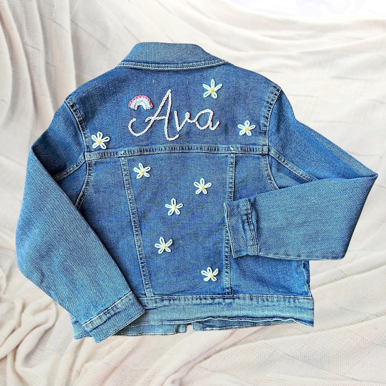 Hand-Embroidered Toddler & Kid's Jean Jacket Custom Denim Outerwear for Kids Personalized Baby Gift Trendy Toddler Fashion Birthday image 8