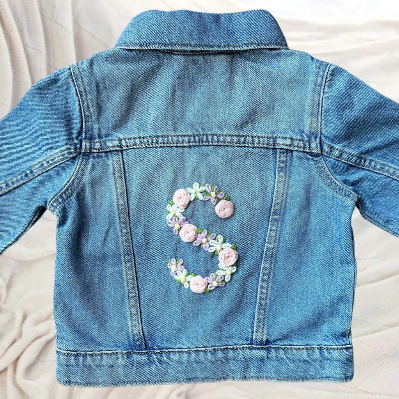 Hand-Embroidered Toddler & Kid's Jean Jacket Custom Denim Outerwear for Kids Personalized Baby Gift Trendy Toddler Fashion Birthday image 5