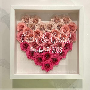 Scatola delle ombre personalizzata con cuore e fiore sfumato – Cornice per scatola delle ombre con rosa di carta fatta a mano