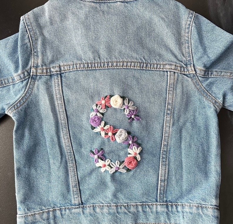 Hand-Embroidered Toddler & Kid's Jean Jacket Custom Denim Outerwear for Kids Personalized Baby Gift Trendy Toddler Fashion Birthday image 2