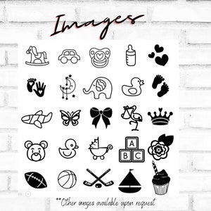 May include: A set of 20 black and white baby shower icons. The icons include a rocking horse, a car, a pacifier, a bottle, a heart, footprints, a crescent moon, an elephant, a duck, a crown, a plane, a butterfly, a bow, a stork, a block with the letter A, a flower, a football, a basketball, a hockey stick, a sailboat, and a cupcake.