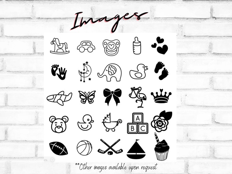 May include: A set of 20 black and white baby shower icons. The icons include a rocking horse, a car, a pacifier, a bottle, a heart, footprints, a crescent moon, an elephant, a duck, a crown, a plane, a butterfly, a bow, a stork, a block with the letter A, a flower, a football, a basketball, a hockey stick, a sailboat, and a cupcake.