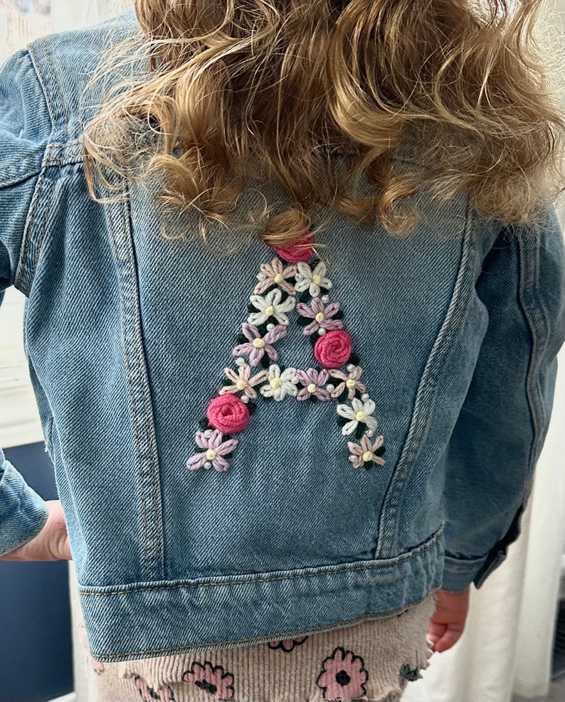 Hand-Embroidered Toddler & Kid's Jean Jacket Custom Denim Outerwear for Kids Personalized Baby Gift Trendy Toddler Fashion Birthday image 4