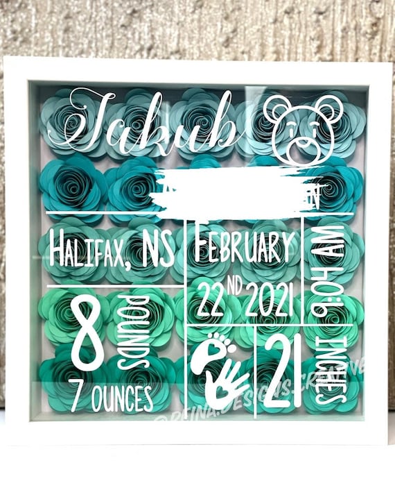 Personalized Ombre Baby Stats Flower Shadow Box – Custom Birth Announcement Frame