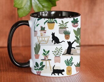 Cats and Plants Mug, Plant Lover Gift, Black Cat, Botanical Cup, Rescue Cat