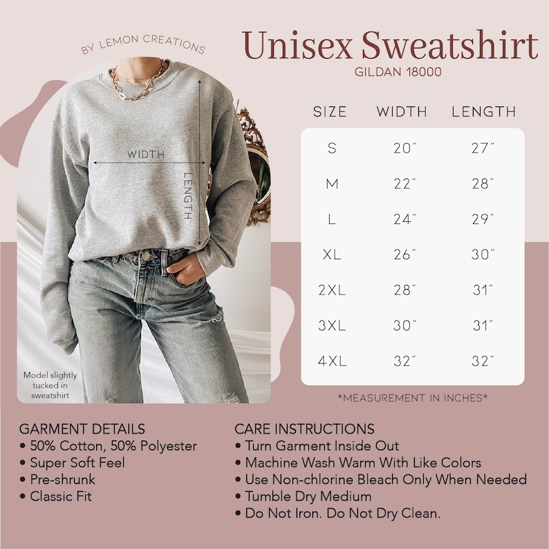May include: A gray unisex sweatshirt with the text "Unisex Sweatshirt" and "GILDAN 18000" printed on it. The sweatshirt is shown on a model wearing blue jeans. A size chart is included with measurements in inches for sizes S through 4XL.