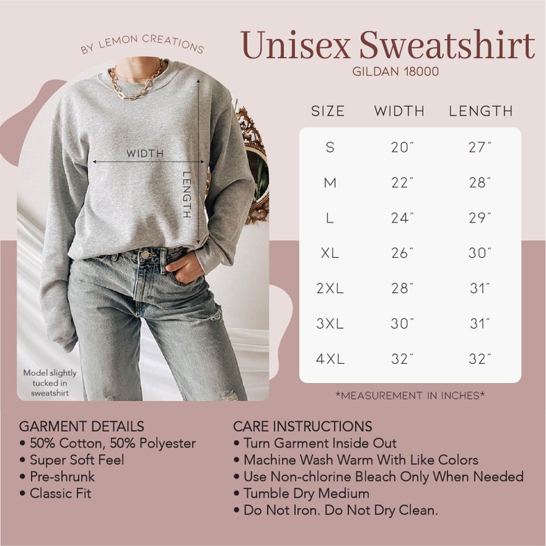 Puede incluir: Una sudadera gris unisex con el texto "Unisex Sweatshirt" y "GILDAN 18000" impreso en ella. La sudadera se muestra en una modelo que lleva jeans azules. Se incluye una tabla de tallas con medidas en pulgadas para las tallas S a 4XL.