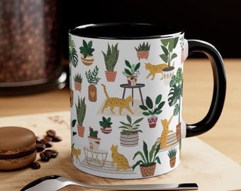 Taza de gatos y plantas, regalo para amantes de los gatos atigrados naranjas, taza de cerámica de 325 ml