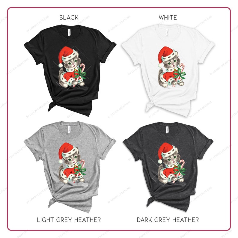 Puede incluir: Cuatro camisetas con un dise&ntilde;o de gato navide&ntilde;o. Las camisetas est&aacute;n en negro, blanco, gris claro jaspeado y gris oscuro jaspeado.
