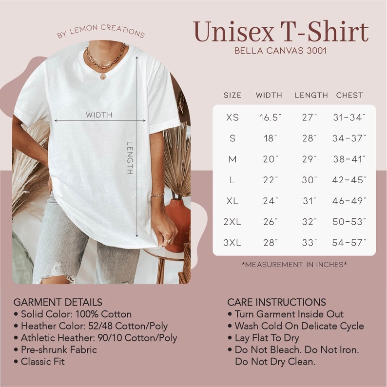 Puede incluir: Maqueta de camiseta unisex en un modelo, mostrando la camiseta unisex Bella Canvas 3001 en blanco. La imagen incluye una tabla de tallas con medidas en pulgadas para XS, S, M, L, XL, 2XL y 3XL. Los detalles de la prenda incluyen 100% algod&oacute;n para colores s&oacute;lidos, 52/48 algod&oacute;n/poli&eacute;ster para colores jaspeado, 90/10 algod&oacute;n/poli&eacute;ster para jaspeado atl&eacute;tico, tejido preencogido y un ajuste cl&aacute;sico. Las instrucciones de cuidado incluyen voltear la prenda al rev&eacute;s, lavar en fr&iacute;o en ciclo delicado, secar en plano y no usar blanqueador, planchar o lavar en seco.
