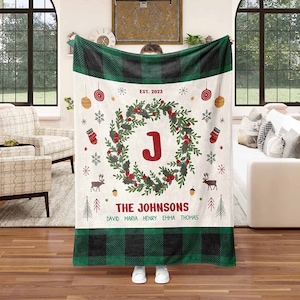 Personalized Holiday Blanket for Family, Custom Christmas Blanket with Family Name and Initial, Holiday Gift Sherpa Blanket