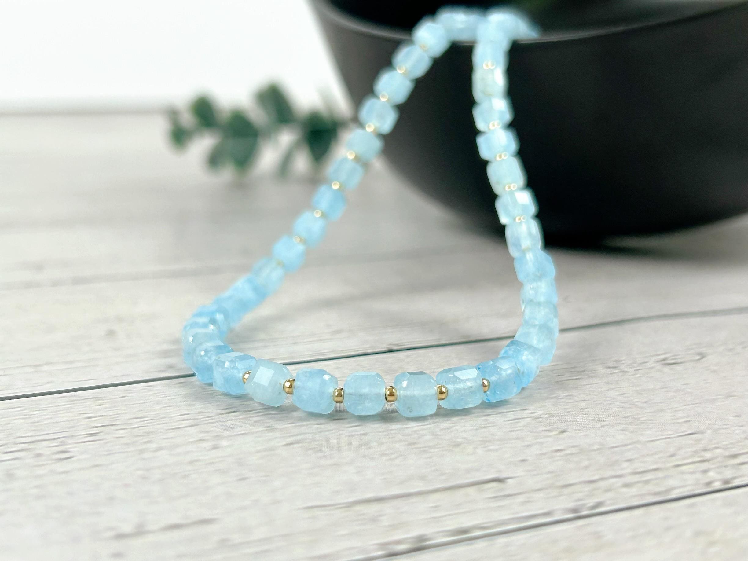 Aquamarine Choker Necklace: Blue Cube Beads, Gold Filled Accents