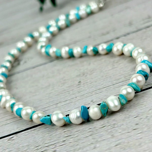 Turquoise Necklace, Freshwater Pearl Necklace, Pearl Choker, Choker Necklace, Gift For Her