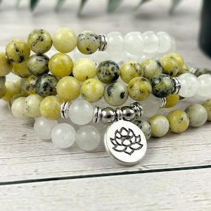108 Mala Bead Necklace: Moonstone, Yellow Turquoise, Lotus Charm