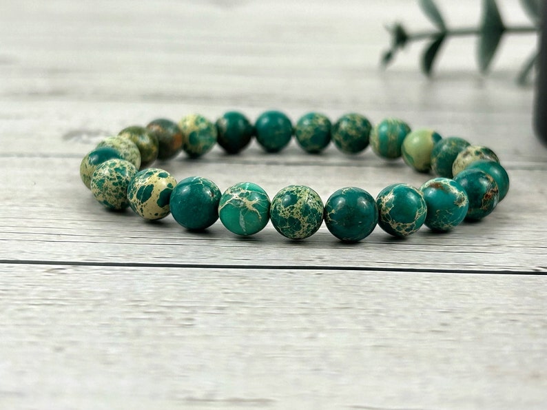 Teal Green Jasper Bracelet, Green Beaded Bracelet, Gemstone Bracelet, Birthday Gift for Her, Gift for Him image 1