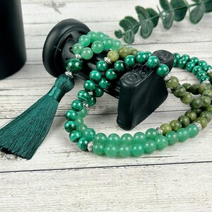 Green Jade Mala Necklace: Malachite & Aventurine Prayer Beads