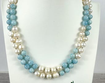 Aquamarine Pearl Statement Necklace: Multistrand Beaded Gemstone Necklace