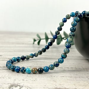 Blue Jasper Gemstone Necklace, Blue Beaded Necklace, Ocean Theme Necklace, Gemstone Jewelry, Handmade Necklace, Birthday Gift for Her