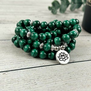 Malachite Mala Necklace: Green Beaded Prayer Beads with Lotus Charm