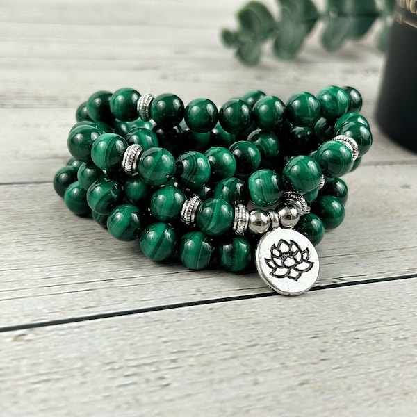 Malachite Mala, Green Beaded 108 Mala Necklace, Japa Mala, Prayer Beads Necklace, Protection Mala, Meditation Necklace, Gift for Mom