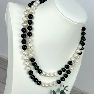 Black Onyx & Freshwater Pearl Statement Necklace: 36-37 Inch Beaded Necklace