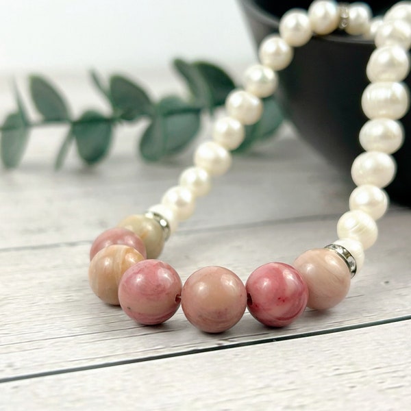 Rhodochrosite Necklace, Freshwater Pearl Necklace, Choker Necklace, Handmade Jewelry, Women Necklace, Chakra Balancing, Pearl Necklace