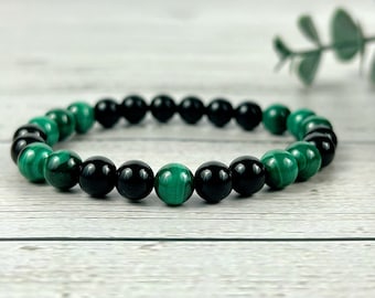 Protection Bracelet, Malachite Bracelet, Black Onyx Bracelet, Gemstone Bracelet, Beaded Bracelet, Birthday Gift for Her, Gift for Him