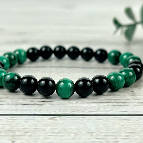 Protection Bracelet, Malachite Bracelet, Black Onyx Bracelet, Gemstone Bracelet, Beaded Bracelet, Birthday Gift for Her, Gift for Him