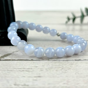 Blue Lace Agate Beaded Bracelet: Handmade Gemstone Anxiety Relief