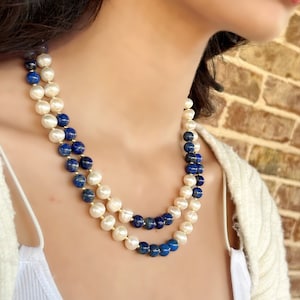 Lapis Lazuli Pearl Statement Necklace: Multistrand Beaded Gemstone