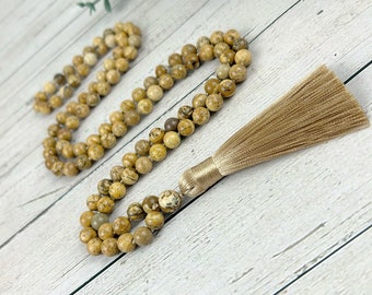 108 Mala Necklace, Picture Jasper Necklace, Japa Mala, Prayer Beads Necklace, Hand Knotted Mala, Meditation Necklace, Handmade Jewelry