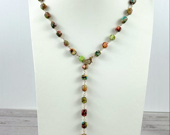 Imperial Jasper Lariat Necklace: Multicolored Gemstone, Gold Filled Wire