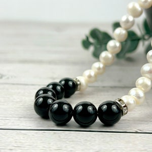Black Onyx & Freshwater Pearl Necklace: Handmade Gemstone Jewelry