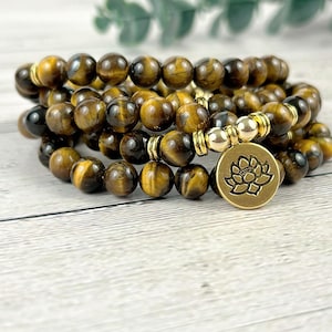 Tiger Eye 108 Mala Bead Necklace with Lotus Charm