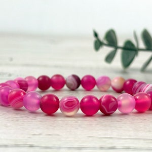 Pink Striped Agate Bracelet: Matte Gemstone Beaded Jewelry