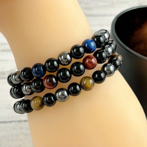 Triple Protection Bracelet Set: Tiger Eye, Black Obsidian, Hematite Gemstone
