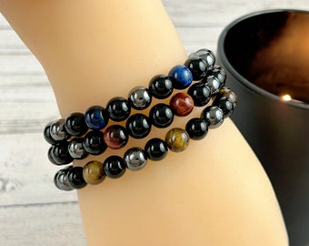 Triple Protection Bracelet Set: Tiger Eye, Black Obsidian, Hematite Gemstone