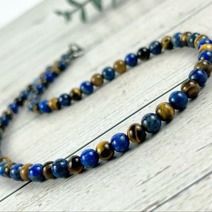 Lapis Lazuli Necklace, Tigers Eye Necklace, Beaded Necklace, Natural Stone Necklace Gift for Him, Protection Jewelry, Grounding,Gift for Her