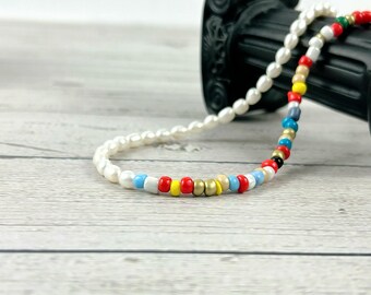 Rainbow Beaded Necklace: Freshwater Pearl, Miyuki Seed Bead
